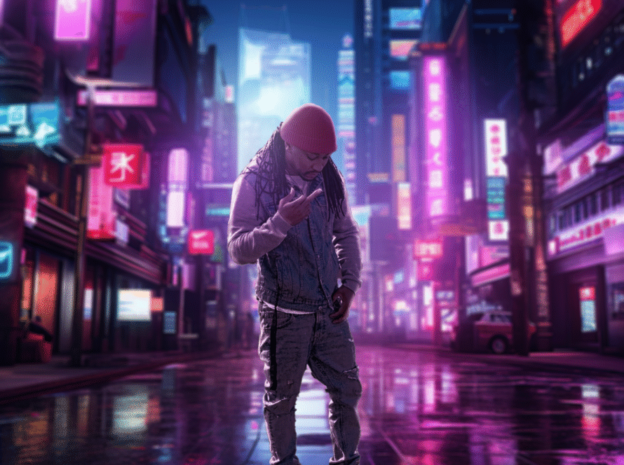 tizzle standing by neon lights