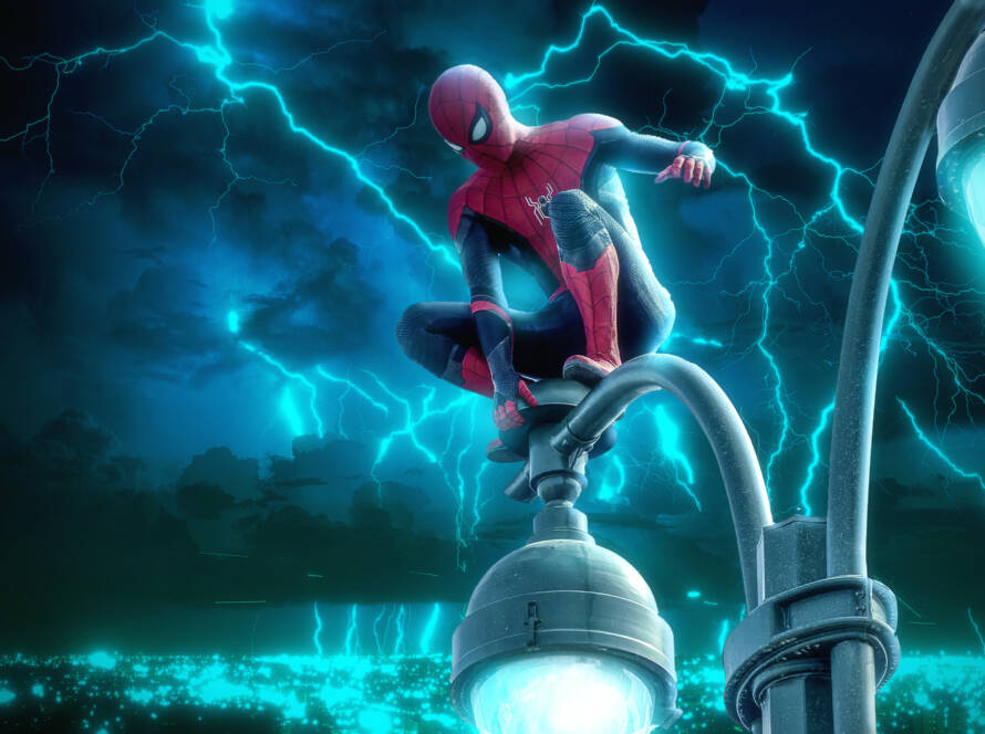 Spiderman on top of a light pole